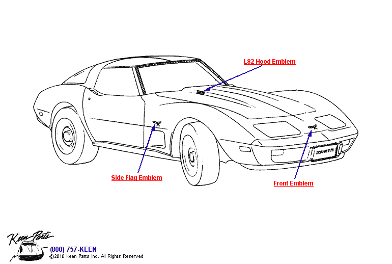 Front &amp; Hood Emblems Diagram for a 2023 Corvette