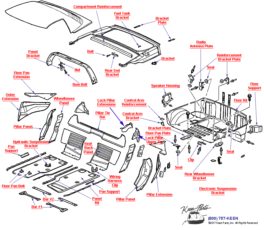 Sheet Metal/Body Mid- Hardtop Diagram for a 1958 Corvette