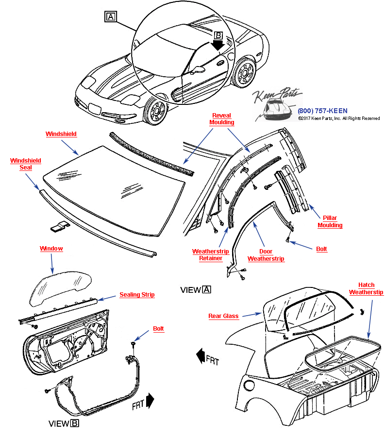 Body Weatherstrip and Glass - Hardtop Diagram for a 1958 Corvette