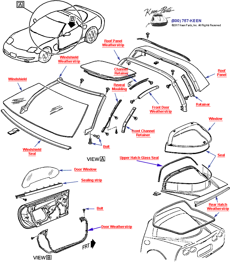 Weatherstrips and Glass- Coupe Diagram for a 2023 Corvette