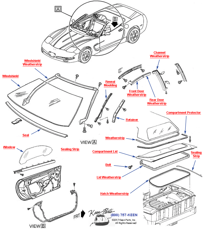 Weatherstrips and Glass- Convertible Diagram for a 1958 Corvette
