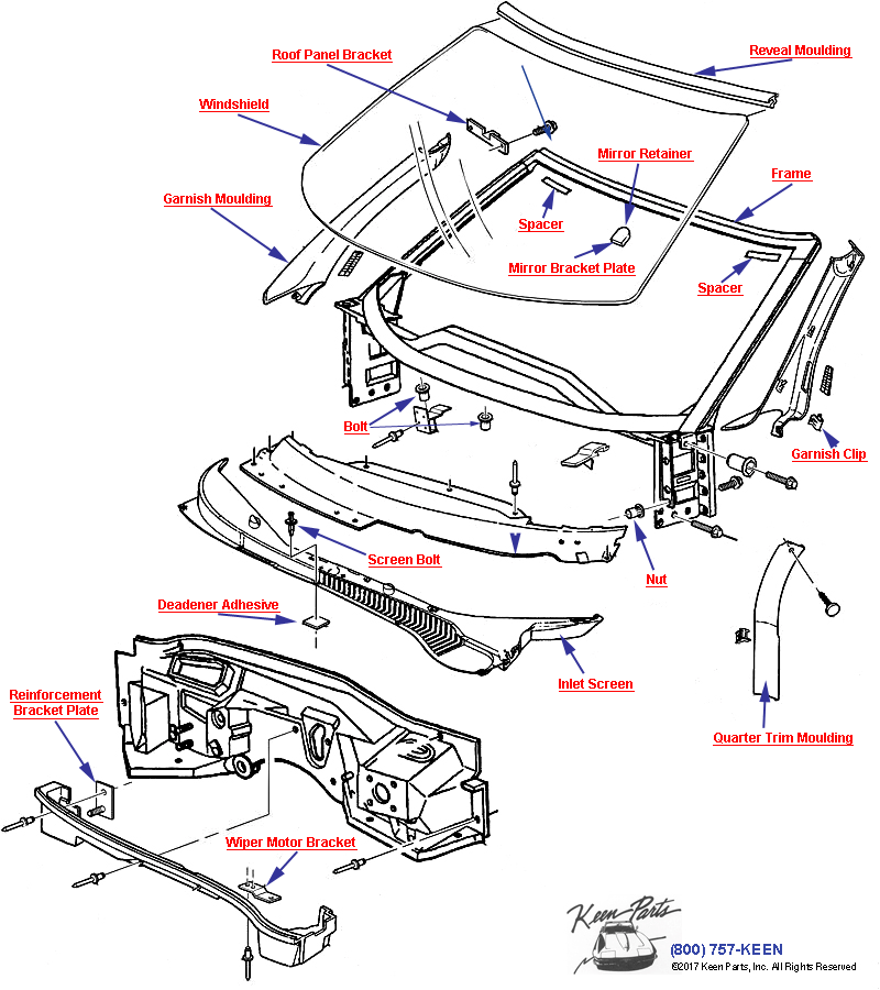 Windshield Trim and Hardware Diagram for a 1960 Corvette