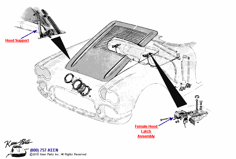 Hood Support &amp; Latches Diagram for a 1957 Corvette